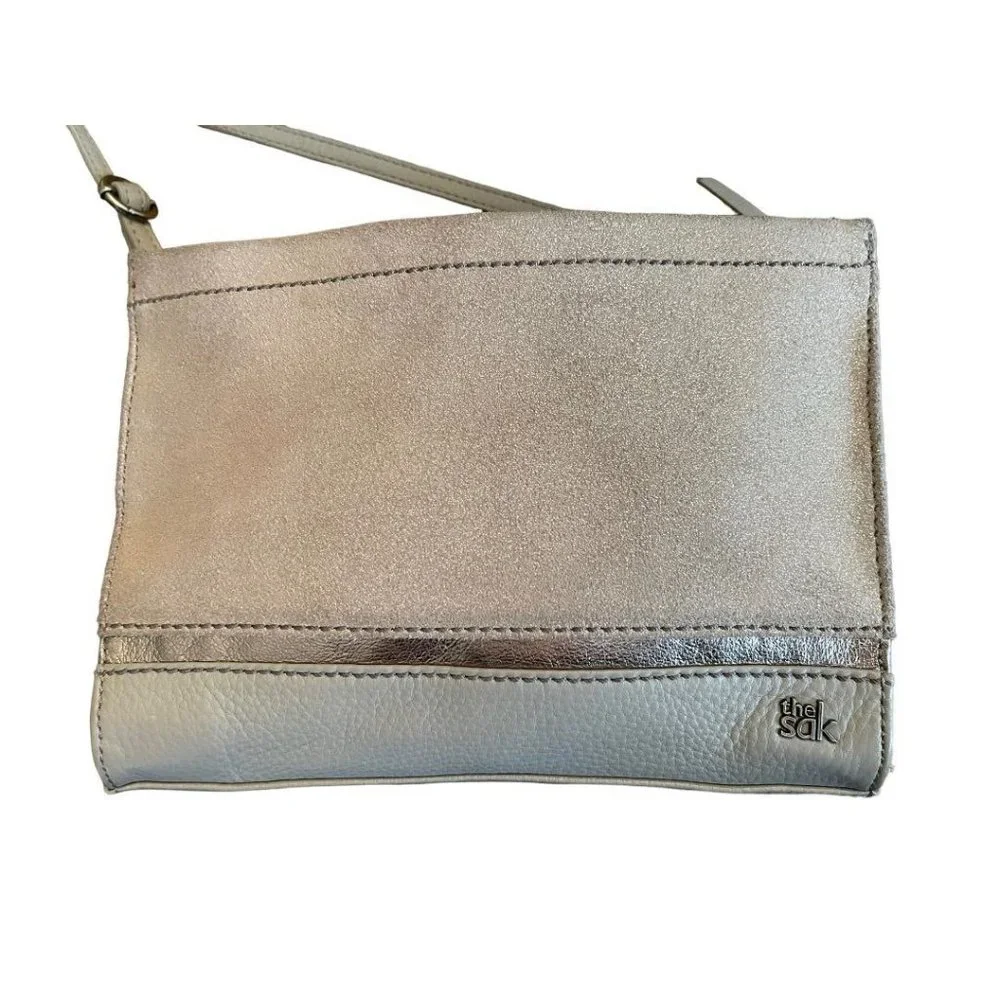 The Sak Glitter Rose Gold Leather Zipper Closure Handbag Crossbody - Picture 7 of 12